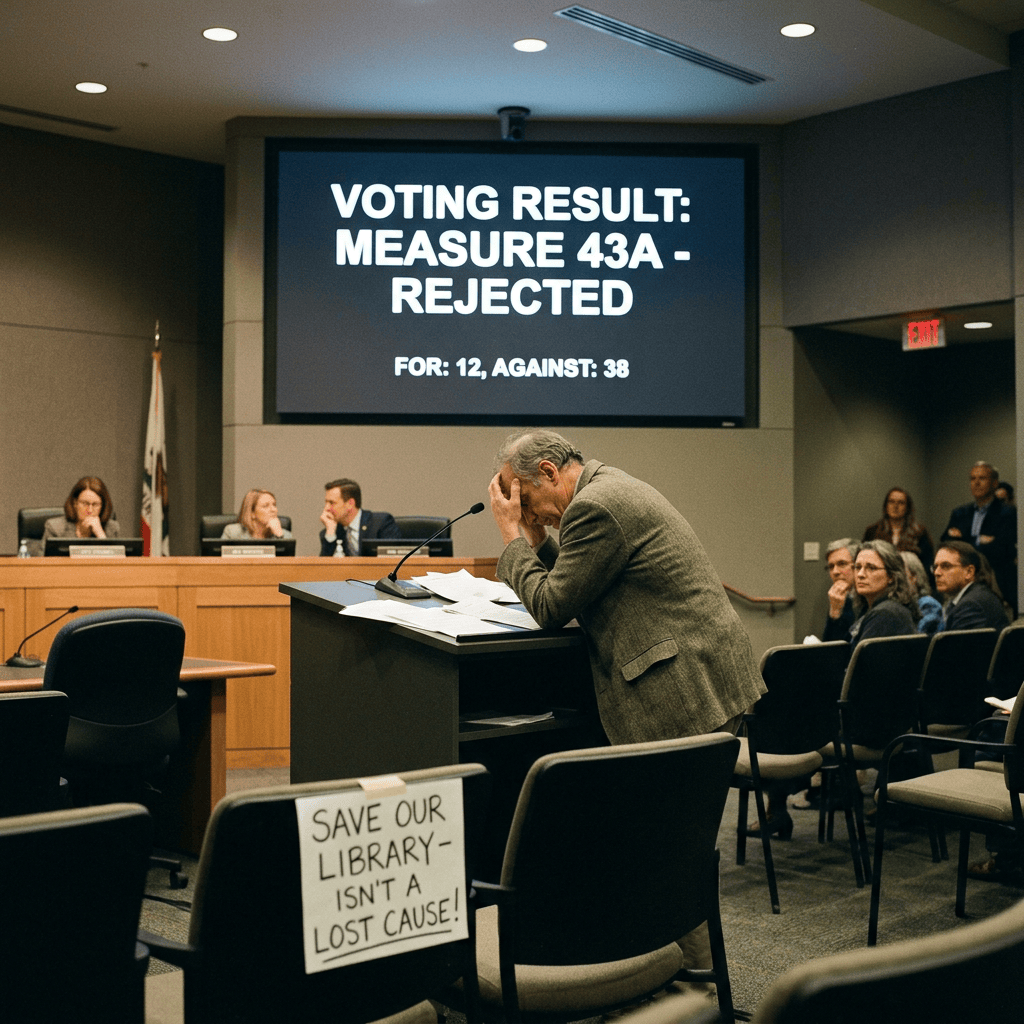 Council chamber screen reads, "VOTING RESULT: MEASURE 43A - REJECTED; FOR: 12, AGAINST: 38," with a save our library sign.